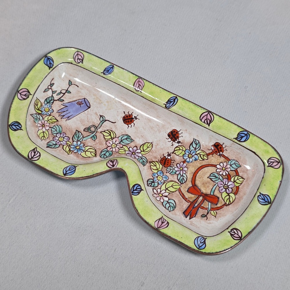 Vintage Kelvin Chen Enamel on Copper Eyeglass Trinket Dish Ladybug Floral Garden
